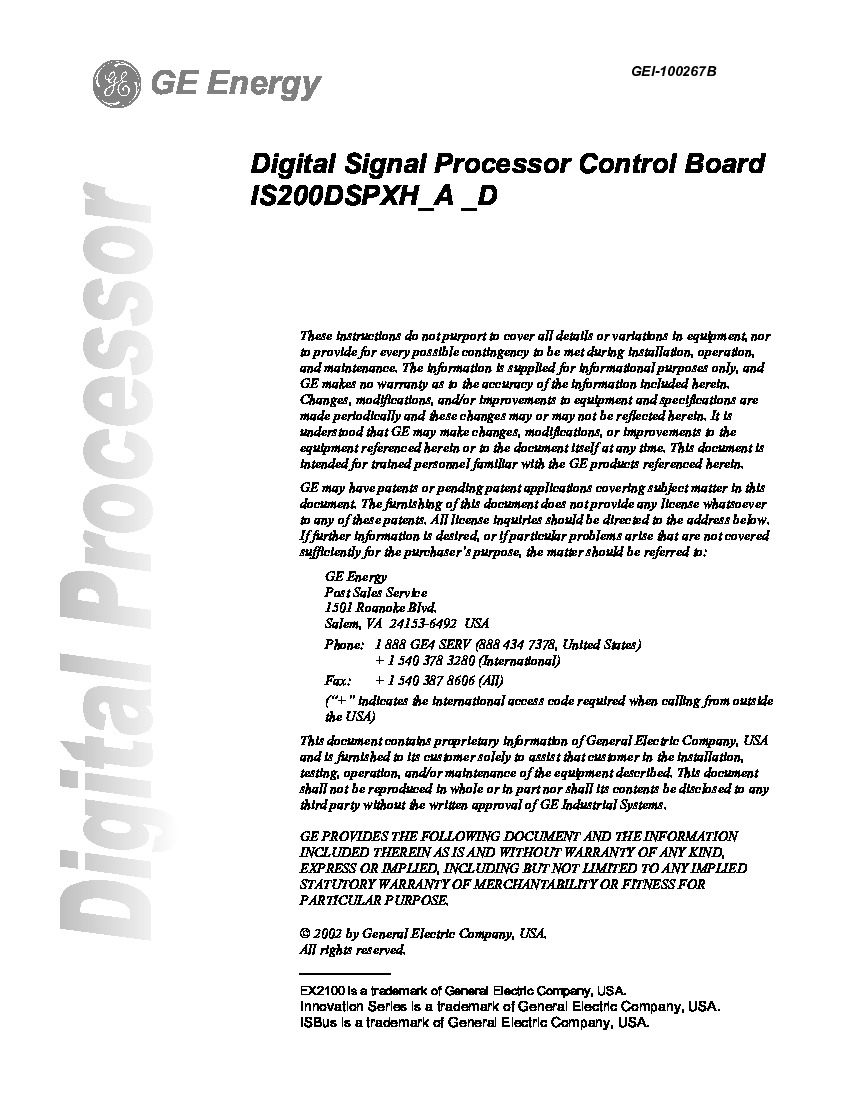 First Page Image of GEI-100267B IS200DSPXH2D Digital Signal Processor Control Board.pdf